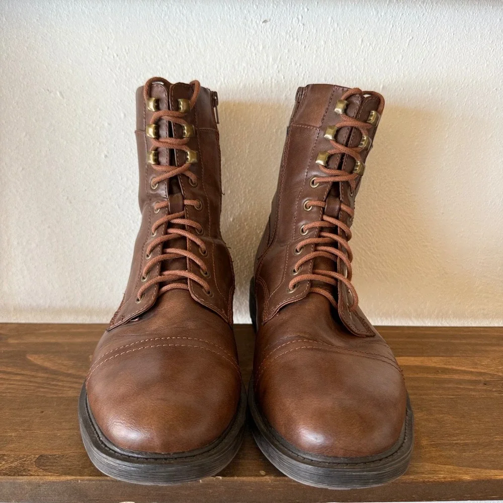 Frye & Co Kane Mens 11M Brown Combat Boots Cap Toe Lace Up Side Zip